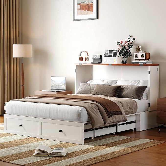 BALUS Queen Size Murphy Bed, Cabinet Bed with USB Charging Station & Storage Drawers, Queen Murphy Cabinet Beds for Living Rooom, Apartment, Guest Room, Bedroom, No Mattress-White