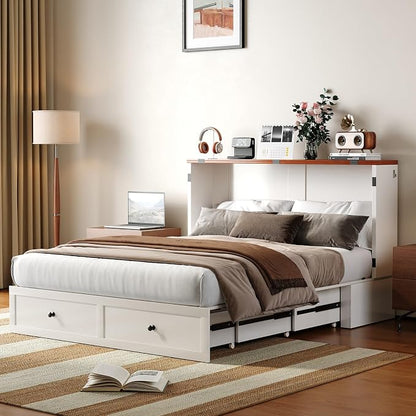 BALUS Queen Size Murphy Bed, Cabinet Bed with USB Charging Station & Storage Drawers, Queen Murphy Cabinet Beds for Living Rooom, Apartment, Guest Room, Bedroom, No Mattress-White