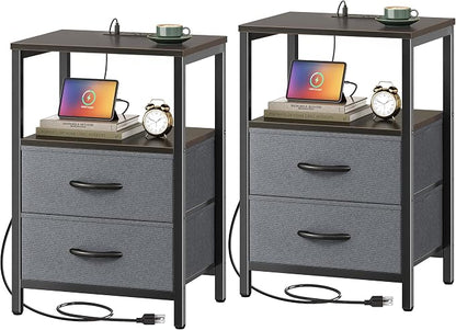 Huuger Nightstands Set of 2, End Tables with Charging Station, Fabric Drawers, Bedside Tables with USB Ports and Outlets, Night Stands for Bedroom, Walnut