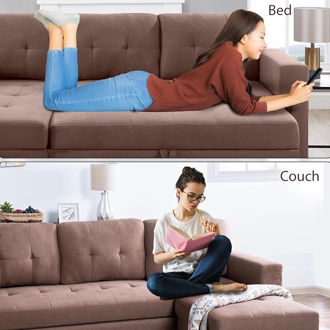 Naomi Home 84" L-Shaped Sectional Sleeper Sofa with Pull Out Bed | Sleeps Guests Comfortably, Stores Essentials in Chaise & Saves Space, Velvet, Mocha Convertible Sofa Bed