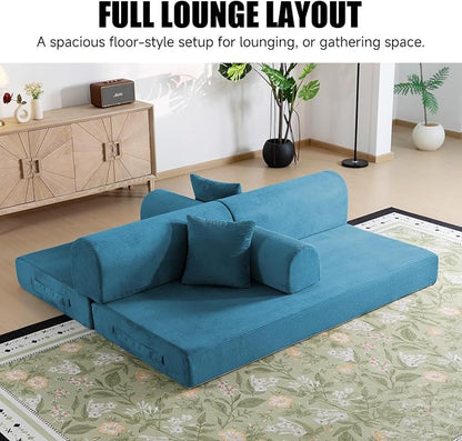 78.8" Memory Foam Boneless Couch, Corduroy Floor Sofa Bed, Convertible Sleeper Futon Loveseat, Wide Armrests & Back Support, Supports Up to 1200 lbs, Couch in a Box with 2 Pillows, Ocean Blue