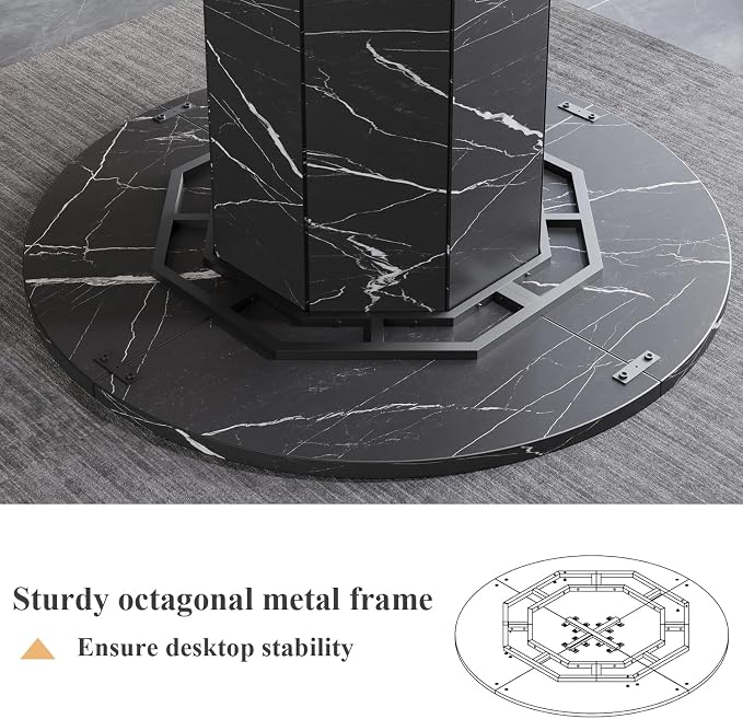 HSH Round Dining Table for 4-6 People, 47” Black Faux Marble Kitchen Table only, Modern Wooden Dinner Table for Living Dining Room with Octagon Base, Black Faux Marble, 47 Inch