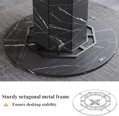 HSH Round Dining Table for 4-6 People, 47” Black Faux Marble Kitchen Table only, Modern Wooden Dinner Table for Living Dining Room with Octagon Base, Black Faux Marble, 47 Inch