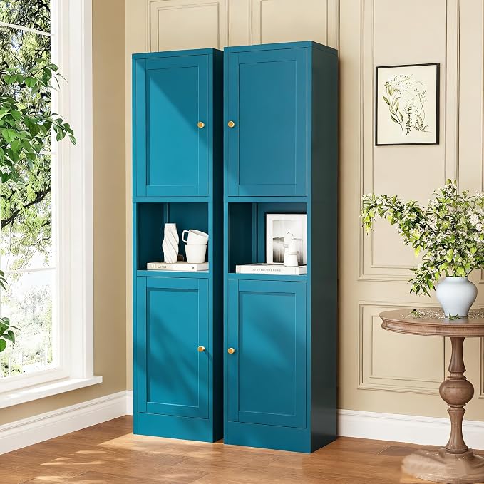 Blue Narrow Storage Cabinet Tall Metal Storage Cbinets with 4 Adjustable Shelves Freestanding 5 Tier Slim Pantry Cabinet for Kitchen Office Small Space