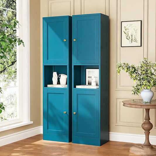 Blue Narrow Storage Cabinet Tall Metal Storage Cbinets with 4 Adjustable Shelves Freestanding 5 Tier Slim Pantry Cabinet for Kitchen Office Small Space