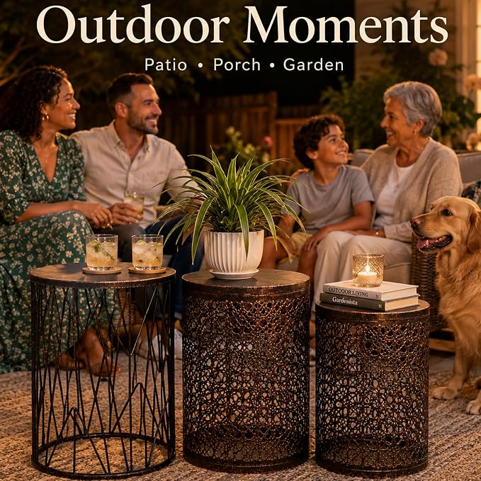 HFHOME Set of 3 Heavy-Duty Round End Table, Side Table, Coffee Table for Indoor Multifunctional Use, Outdoor Decorative Garden Stool Plant Stand-Bronze