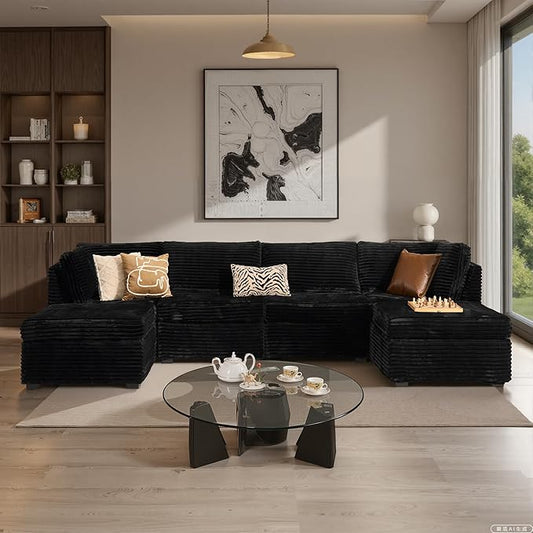 ovios Modular Sectional Sofa Couch with U-Shape Chaise Ottomans, Comfy Plush Corduroy Cloud Couches, Modern Luxury Deep Seat Sofas Set for Living Room, 6-Seater, Black