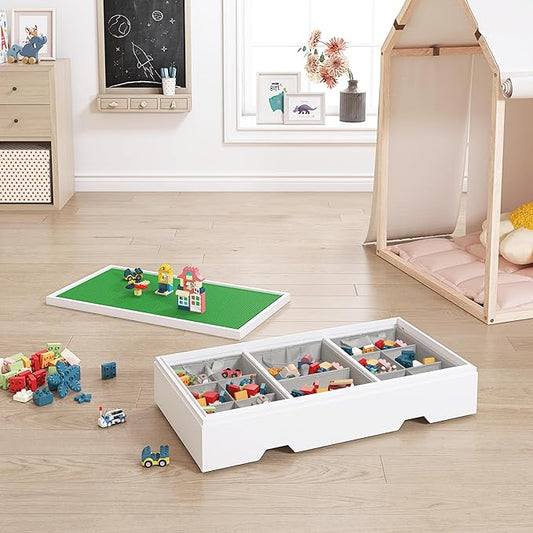 UTEX 3 in 1 Construction Play Table Compatible with Lego, Rolling Kids Activity Train Table with Storage and Wheels, Reversible Top Store Under Beds or Sofas