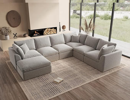ohllob Oversized Cloud Couches for Living Room, Boneless Sectional Couch with Ottoman, 7 Seater Large Modular Sectional Sofa, Light Grey