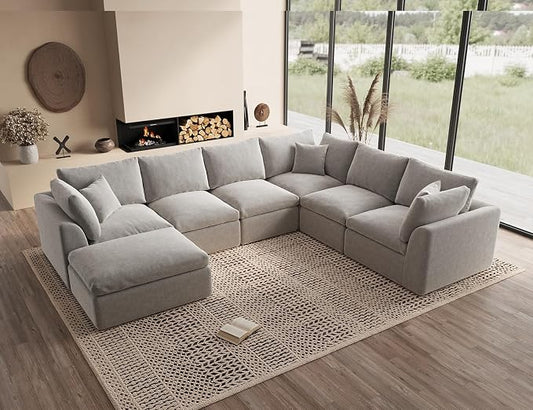 ohllob Oversized Cloud Couches for Living Room, Boneless Sectional Couch with Ottoman, 7 Seater Large Modular Sectional Sofa, Light Grey