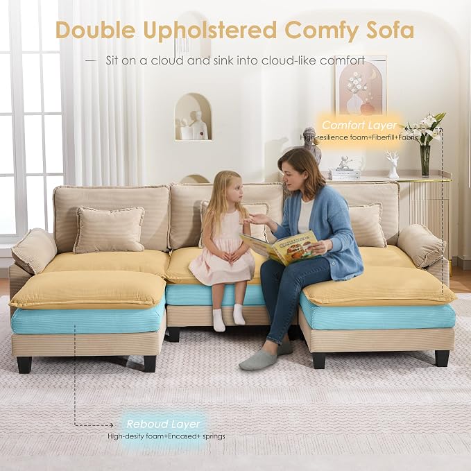 122" Corduroy Modular Sectional Sofa, Convertible U Shaped Modular Sofa Comfy Cloud Couch with Ottoman, Side Pockets and 3 Throw Pillows for Living Room, Kahki, 5 Seats