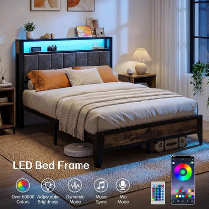 OLEVS Full Size Bed Frame with Charging Station & LED Light, 2-Tier Storage Headboard & Footboard, Type C & USB Ports Metal Platform Bed, No Box Spring Needed, Easy Assembly