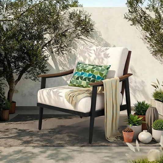 NATURAL EXPRESSIONS Patio Sofa Outdoor Furniture Metal Chair with Wicker Backrest & 6 Inches Cushion for Front, Porch, Deck, Balcony, Backyard, Sunroom, 27"(L) x 29.75"(W) x 33.86"(H).