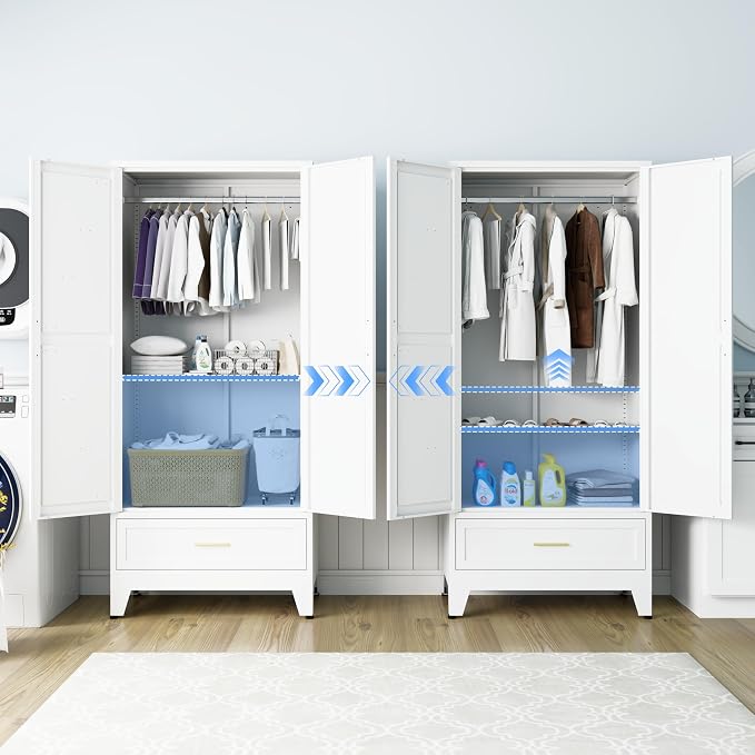 Metal Armoire Wardrobe Closet with Drawers, 71" Wardrobe Cabinet with Adjustable Shelves and Hanging Rod for Bedroom, White Metal Closet Storage Cabinet with 2 Doors & 1 Drawer