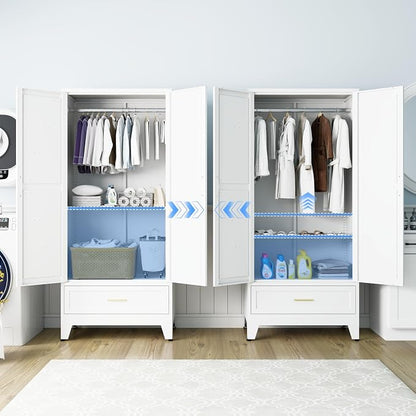 Metal Armoire Wardrobe Closet with Drawers, 71" Wardrobe Cabinet with Adjustable Shelves and Hanging Rod for Bedroom, White Metal Closet Storage Cabinet with 2 Doors & 1 Drawer