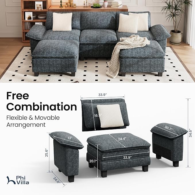 PHI VILLA Cloud Modular Couch Sets, 123.6" Oversized Sectional Sofa with U-Shaped Chaise, 5-Seater Couches with 2 Movable Ottomans for Living Room, Chenille Dark Cyan