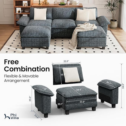PHI VILLA Cloud Modular Couch Sets, 123.6" Oversized Sectional Sofa with U-Shaped Chaise, 5-Seater Couches with 2 Movable Ottomans for Living Room, Chenille Dark Cyan