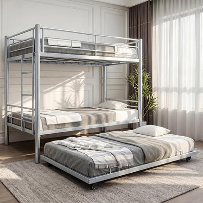 Detachable Bunk Bed Twin over Twin with Trundle, Heavy Duty Triple Bunk Bed Frame for Kids, Teens, Adults, Space Saving 3 Beds with Safety Guardrails & Ladde for Bedroom, Dorm, Noise-Free, Silver