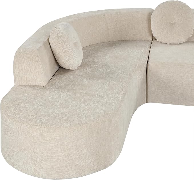 122'' Sectional Sofa,Extra Large Sofa with Soft Fabric Upholstery, Elegant Curved Design with Three Round Cushions, High-Resilience Foam for Ultimate Comfort,Sand