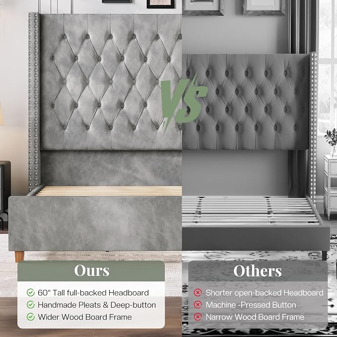 Jocisland Queen Bed Frame 61.4" Tall Headboard Velvet upholstered,Cream | Full Back Support Wingback Headboard,Deep Button Tufted Hand-crafted Pleats,Squeak-Free Sleep,Solid Wood Legs,Easy Assembly