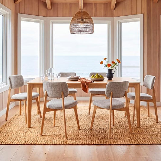 COLAMY Dining Chairs Set of 6, Modern Upholstered Kitchen Room Chairs with Solid Natural Oak Wood Legs, 5-Min Easy Assembly Anti-Wobble, High-Weight Fabric Farmhouse Side Chair, 300lbs,Oak,Beige