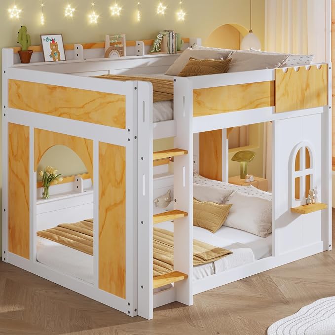 Full Over Full Bunk Bed with Storage Shelves,Window and Two Doors,for Kids Teens Adults Use (White+Natural-Doors, Full Over Full)