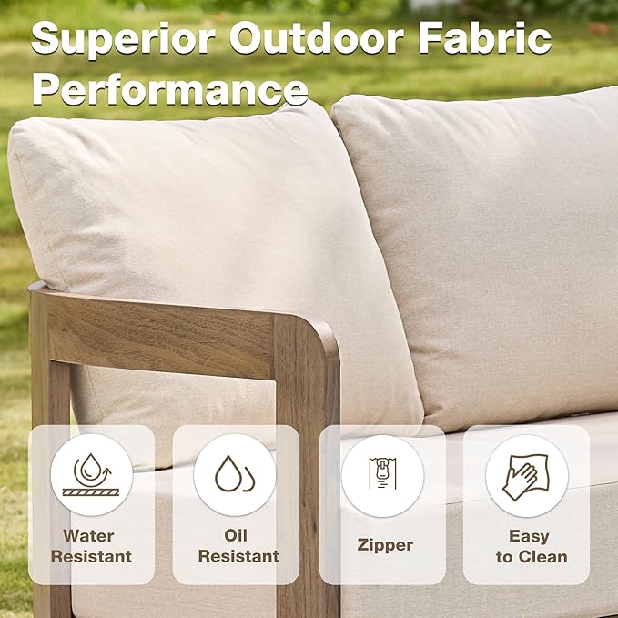 Aluminum Outdoor Patio Sofa, 3-Seat All-Weather Metal Modern Couch with Washable Thick Cushion for Garden/Backyard/Porch, Beige | All-Weather Metal
