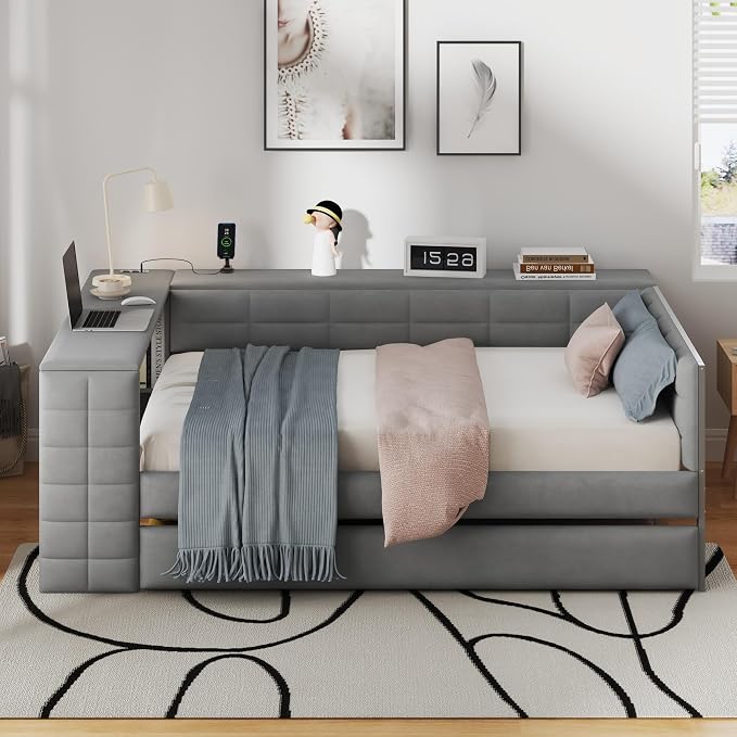 Bellemave Full Corner Bed Frame with Trundle and Storage Shelves and Desk, Wood Full Size Upholstered Daybed with Trundle and Charging Station, Gray