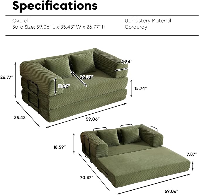 ZEIINPA 59“ Convertible Floor Sofa Bed, 5-in-1 Futon Sofa Bed Pull Out Sleeper Couch, Modern Corduroy Compressed Loveseat, Modular Boneless Couches for Living Room, No Assembly Required, Green