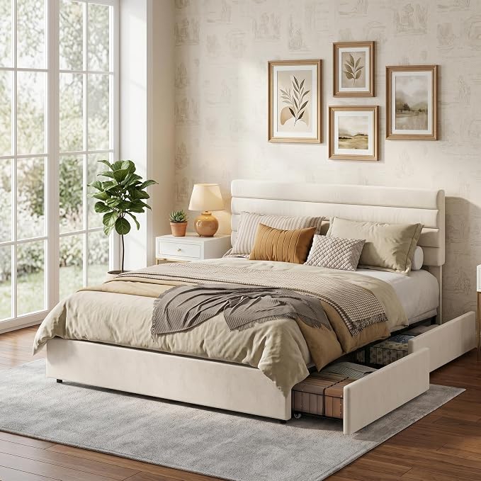 Garvee Full Size Bed Frame, Velvet Upholstered Platform Storage Bed with 4 Drawers, Wooden Slats Support, No Box Spring Needed, Easy Assembly, Beige