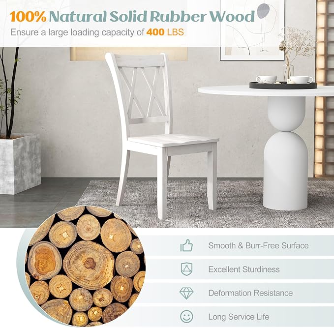 Giantex Wood Dining Chairs Set of 4 White, Rustic Armless Kitchen Chairs w/Rubber Wood Frame, Cross Back, Contoured Seat, Farmhouse Wooden Side Chairs, High Back Kitchen Chairs for Home Dining Room