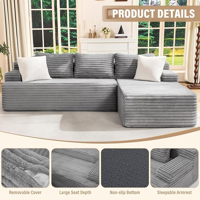 Hobestluk Boneless Couch Modular Sectional Sofa L-Shape Cloud Couch Lounge | 96" Right Facing Chaise Pale Gray,Memory Foam,Removable Cover,Non-slip Bottom,No Assemble Required,Furniture for Small Home