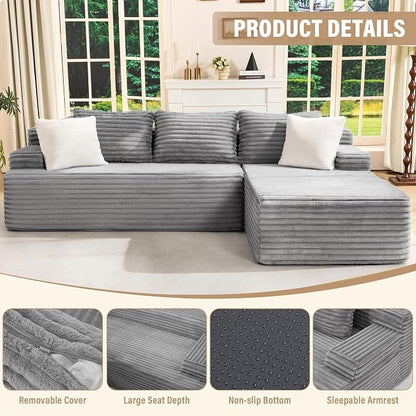 Hobestluk Boneless Couch Modular Sectional Sofa L-Shape Cloud Couch Lounge | 96" Right Facing Chaise Pale Gray,Memory Foam,Removable Cover,Non-slip Bottom,No Assemble Required,Furniture for Small Home