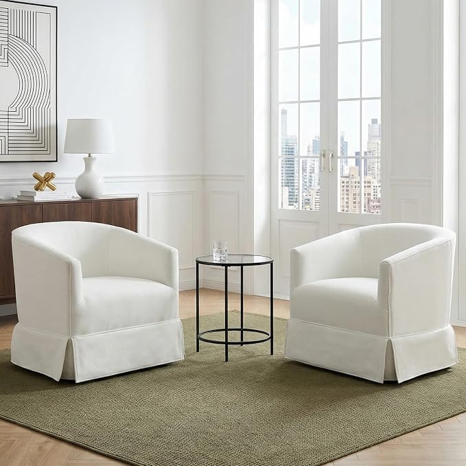 Swivel Accent Chairs Set of 2 for Living Room, 360° Upholstered Barrel Swivel Chairs with Skirted Base, Modern Linen Armchairs for Bedroom, Reading Nook, Small Space, White