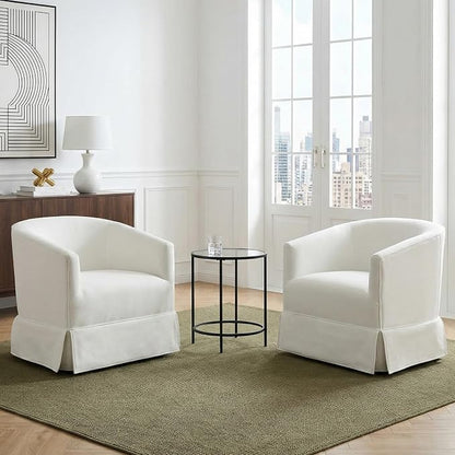 Swivel Accent Chairs Set of 2 for Living Room, 360° Upholstered Barrel Swivel Chairs with Skirted Base, Modern Linen Armchairs for Bedroom, Reading Nook, Small Space, White
