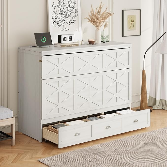 Bellemave Queen Size Murphy Bed, Cabinet Bed with Charging Station and Storage, Farmhouse Murphy Cabinet with Foldable Panel, for Bedroom,Office, Brushed White
