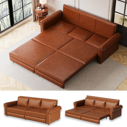 93.7" King Size Sleeper Sofa Bed, Pull Out Sofa Bed, Faux Leather Upholstery, 3 in 1 Convertible Sleeper Couch, Chaise Lounge, Retro Recliner for Living Room, Office, Apartment, Light Brown
