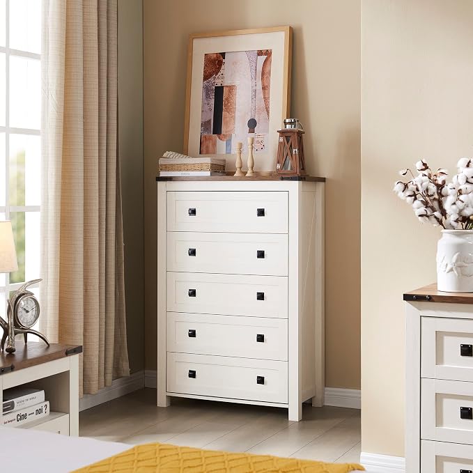 T4TREAM 48" Tall Farmhouse 5-Drawer Dresser for Bedroom, Antique White | Rustic chests of drawers, Wood Storage Cabinet, Metal Handle, Unique Corner Accent, Bedroom, Living Room, Hallway