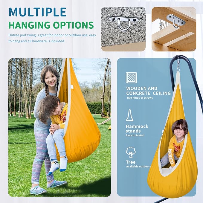OUTREE Kids Pod Swing Seat, Cotton Child Hammock Swing Chair, Sensory Swing for Indoor and Outdoor Use, Yellow and White