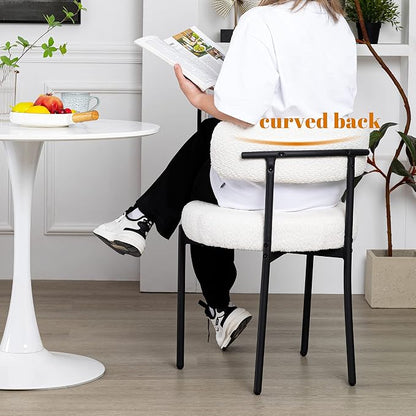 DYHOME White Boucle Dining Chairs Set of 2, Mid Century Modern Kitchen Chairs, Upholstered Dining Room Chairs with Curved Backrest and Black Metal Legs