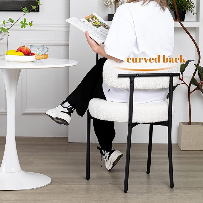 DYHOME White Boucle Dining Chairs Set of 6, Mid Century Modern Dining Room Chairs with Curved Backrest, Upholstered Kitchen Chairs with Black Metal Legs