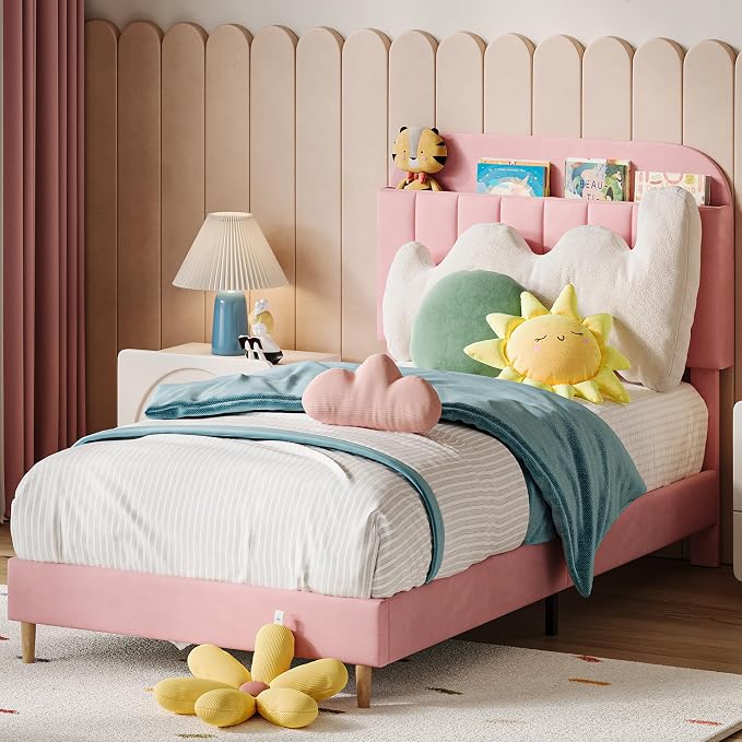 IDEALHOUSE Twin Bed Frames, Upholstered Platform Bed Frame with Bookcase Headboard, Velvet Platform Bed Mattress Foundation, Heavy Duty Steel Support Legs, Easy Assembly, Noise Free, Light Pink
