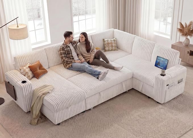 WEUP 111" Modular Sectional Sleeper Sofa with Pull Out Bed, 7 Seat Plush Corduroy L Shaped Couch with Storage Chaise|USB Ports|Cup Holders|Side Table|Storage Armrests, Tool Free Assembly, Beige