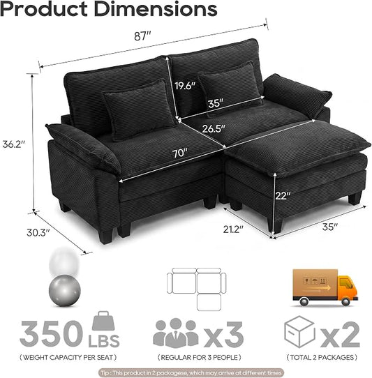 URRED Oversized Modular Sectional Sofa, 87" L Shaped Modern Comfy Cloud Couch with Movable Ottoman & Pillows, Deep Seat Couches for Living Room, Bedroom or Apartment (Corduroy Black, 87" L Shaped)