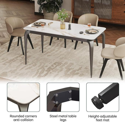 55" White Rectangular Sintered Stone Dining Table with Metal Legs | Versatile kitchen furniture for indoor and outdoor placement, matched with adjustable silent foot pads.