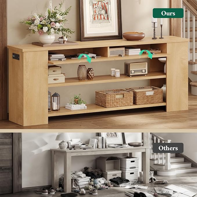 71.8 Inch Extra Long Console Table with Drawers, Farmhouse Long Console Table with Shelves & Built-in Outlets, Entryway Table with Storage for Living Room, Entryway, Natural