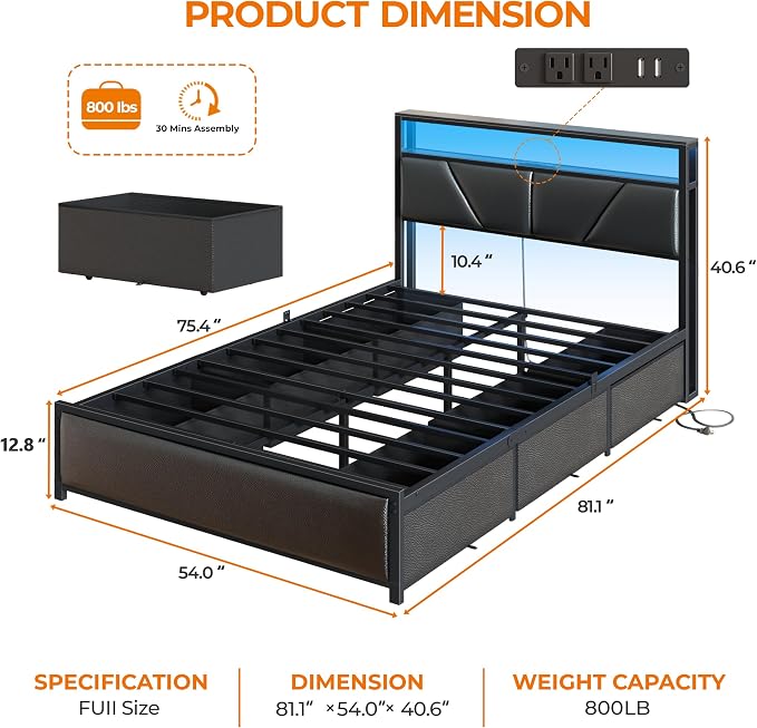 OURPIC Full Size Bed Frame, 2-Tier Storage Headboard & 6 Fabric Drawers, PU Leather Upholstered Platform Bed Frame Full with Charging Station and LED Lights, No Box Spring Needed, Noise Free
