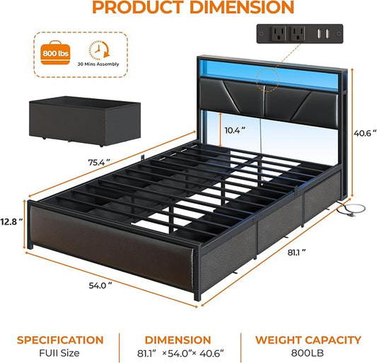 OURPIC Full Size Bed Frame, 2-Tier Storage Headboard & 6 Fabric Drawers, PU Leather Upholstered Platform Bed Frame Full with Charging Station and LED Lights, No Box Spring Needed, Noise Free