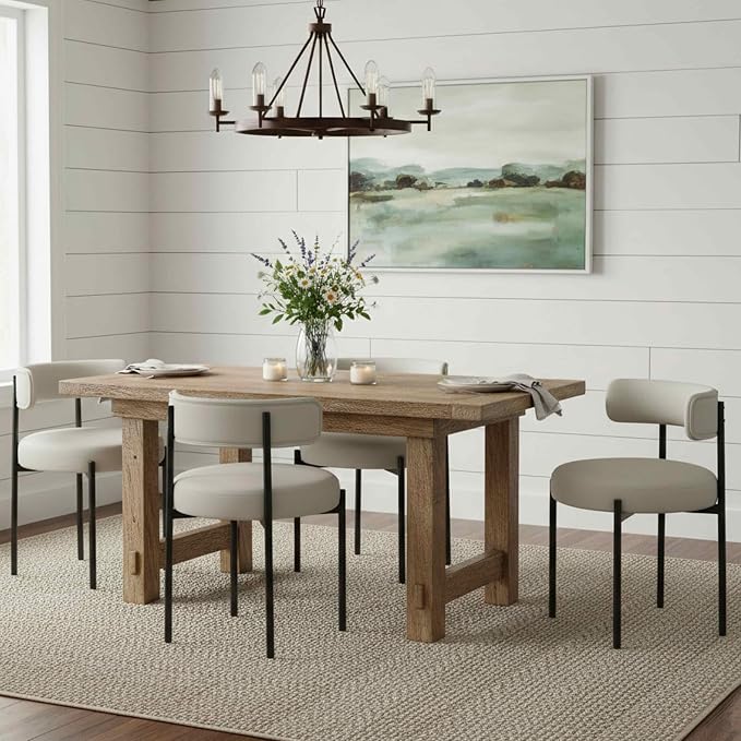 Faux Leather Dining Chairs Set of 2, Upholstered Kitchen and Dining Room Chairs, Mid-Century Modern Dining Chairs with Round Back and Black Metal Legs, Vegan Leather, Beige Grey