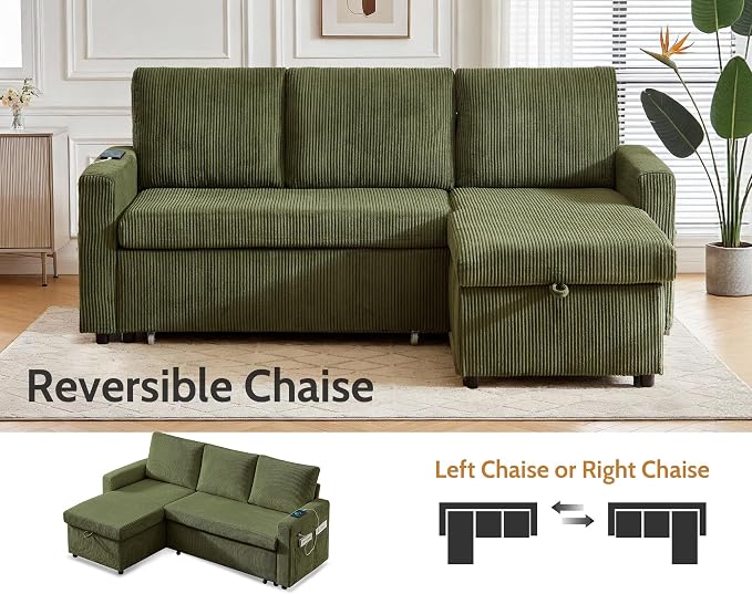 WEUP 82" L Shaped Sectional Sleeper Sofa Bed with Pull Out Bed, Sectional Sleeper Couch Pull Out Couch with Reclining Backrest/Reversible Storage Chaise/USB Ports/Tool-Free Assembly, Corduroy Green